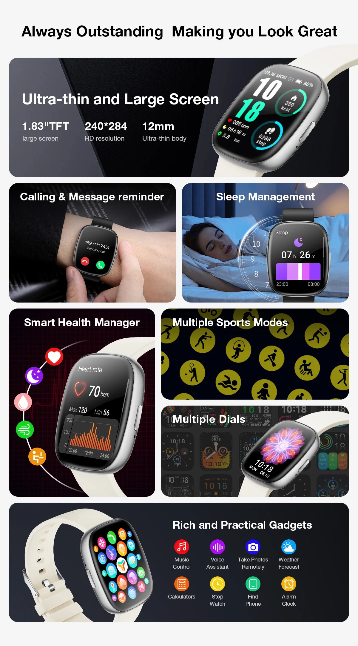 KHwatch S6 Man Watches 1.83" Screen IP67 Sport Waterproof Watches Bluetooth Call  Voice Assistant Digital Watch For Boy Teen Man
