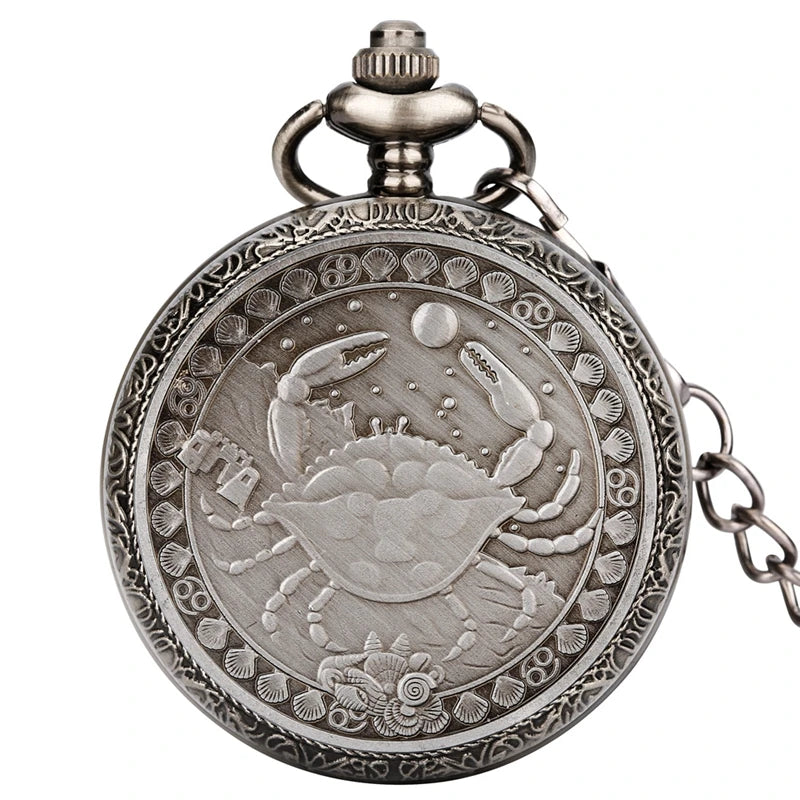 Retro Gray 12 Constellations Astrology Pattern Quartz Pocket Watch Necklace Chain Birthday Gifts Pendant Watch for Friend Unisex