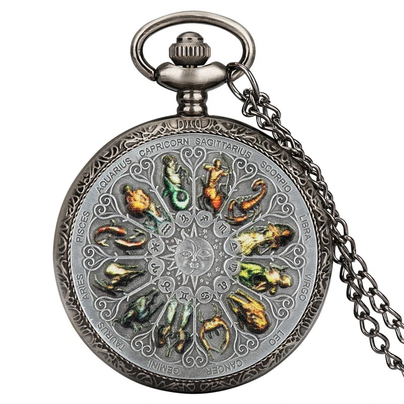 Retro Gray 12 Constellations Astrology Pattern Quartz Pocket Watch Necklace Chain Birthday Gifts Pendant Watch for Friend Unisex