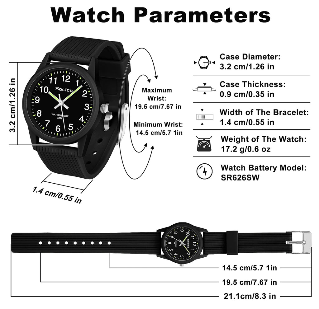 SOCICO Kids Analog Watches for Girls Boys Watches with Soft Band Learning Time 50M Waterproof Children Watch for Gift Ages 4-12
