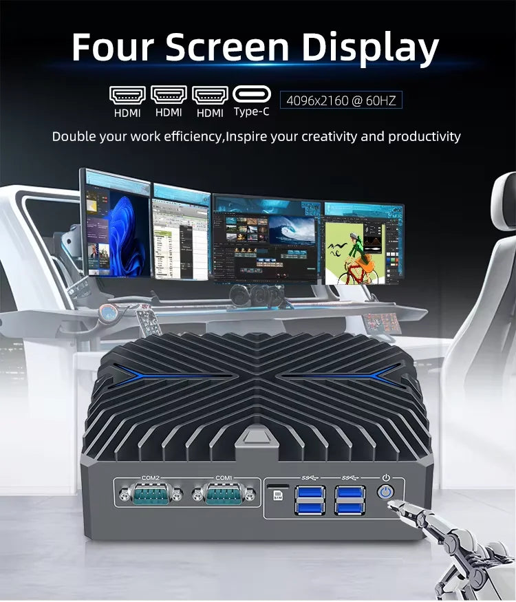 Partaker Industrial PC 14th Gen Ultra 5 125U Ultra 7 155U Win11 Pro 4K 3 x HD 3 x LAN Type-C Digital Signage Fanless AI Mini PC