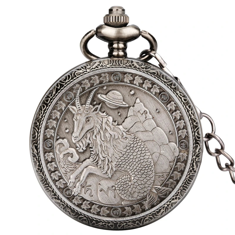 Retro Gray 12 Constellations Astrology Pattern Quartz Pocket Watch Necklace Chain Birthday Gifts Pendant Watch for Friend Unisex