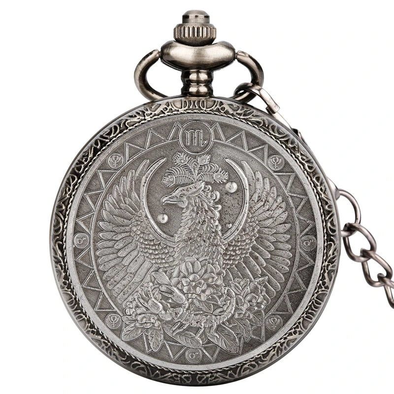 Retro Gray 12 Constellations Astrology Pattern Quartz Pocket Watch Necklace Chain Birthday Gifts Pendant Watch for Friend Unisex