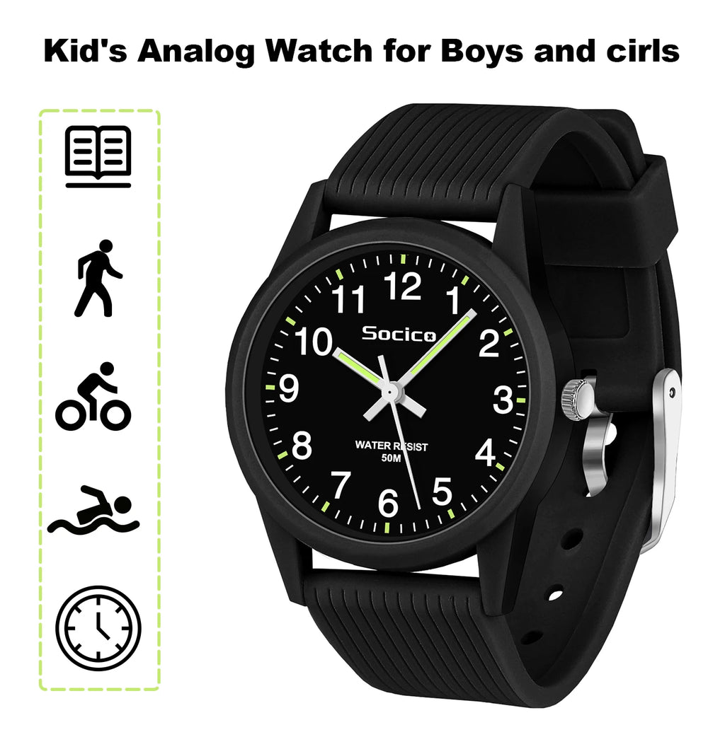 SOCICO Kids Analog Watches for Girls Boys Watches with Soft Band Learning Time 50M Waterproof Children Watch for Gift Ages 4-12