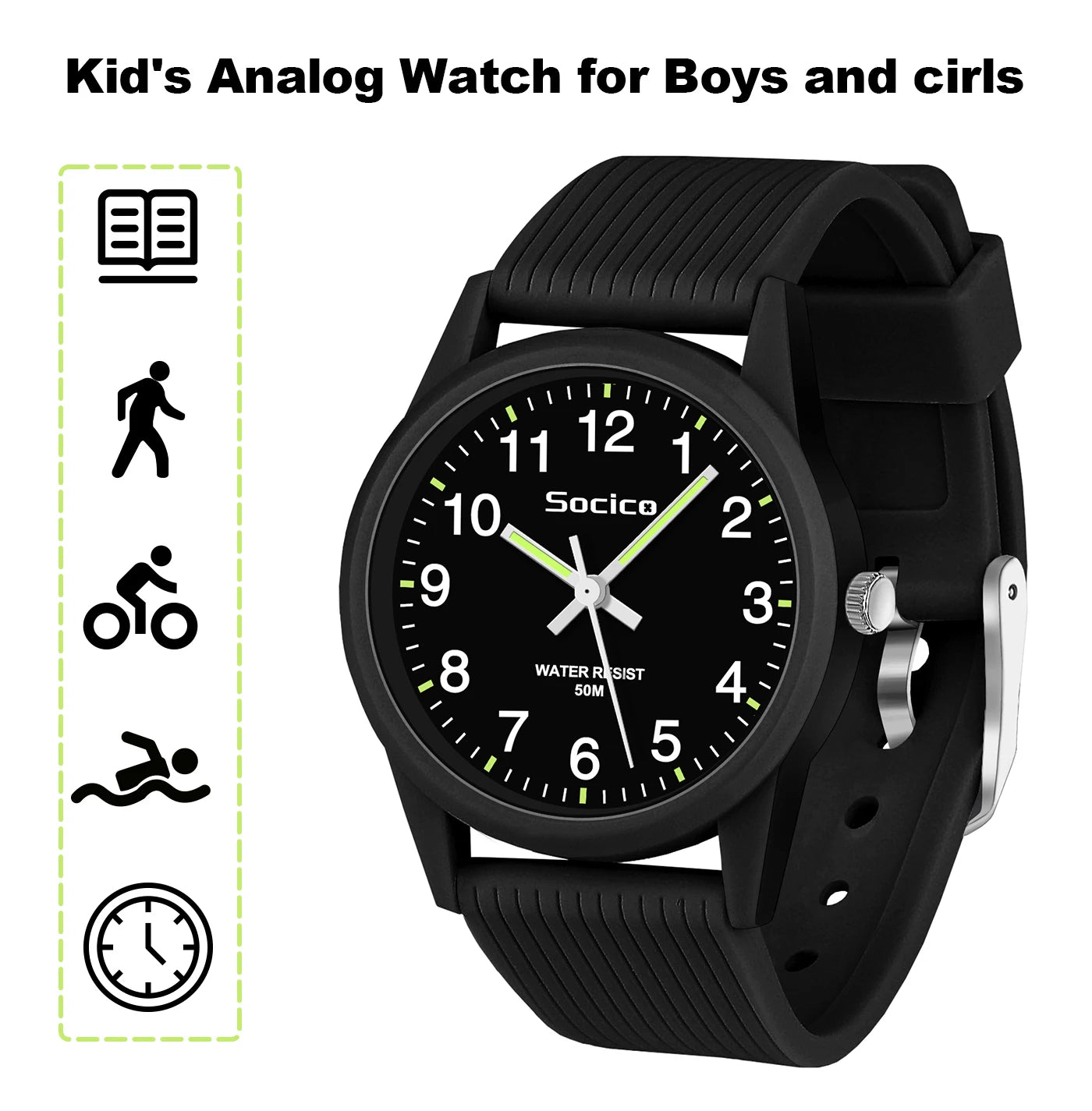 SOCICO Kids Analog Watches for Girls Boys Watches with Soft Band Learning Time 50M Waterproof Children Watch for Gift Ages 4-12