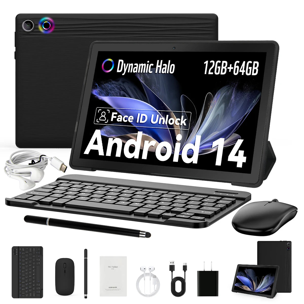 A10L 10Inch Tablet Android 14 12GB RAM 64GB ROM 1TB Expand WiFi6 Face Unlock HD IPS Screen Keyboard Mouse Stylus For PC Pad Gift