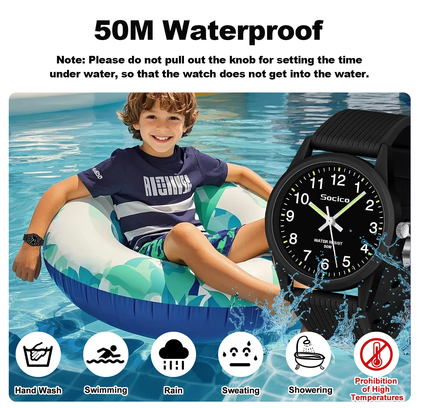 SOCICO Kids Analog Watches for Girls Boys Watches with Soft Band Learning Time 50M Waterproof Children Watch for Gift Ages 4-12