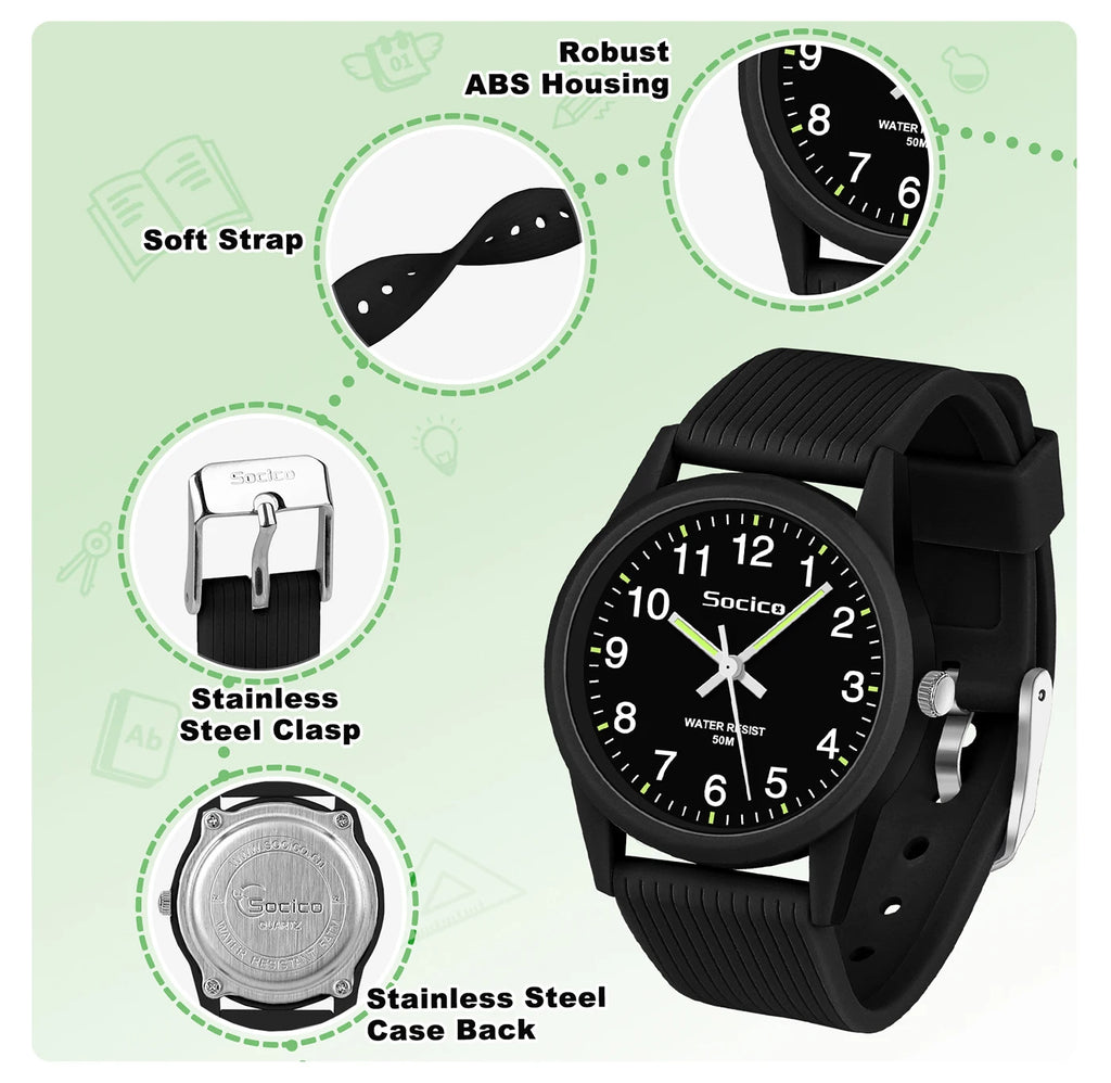SOCICO Kids Analog Watches for Girls Boys Watches with Soft Band Learning Time 50M Waterproof Children Watch for Gift Ages 4-12