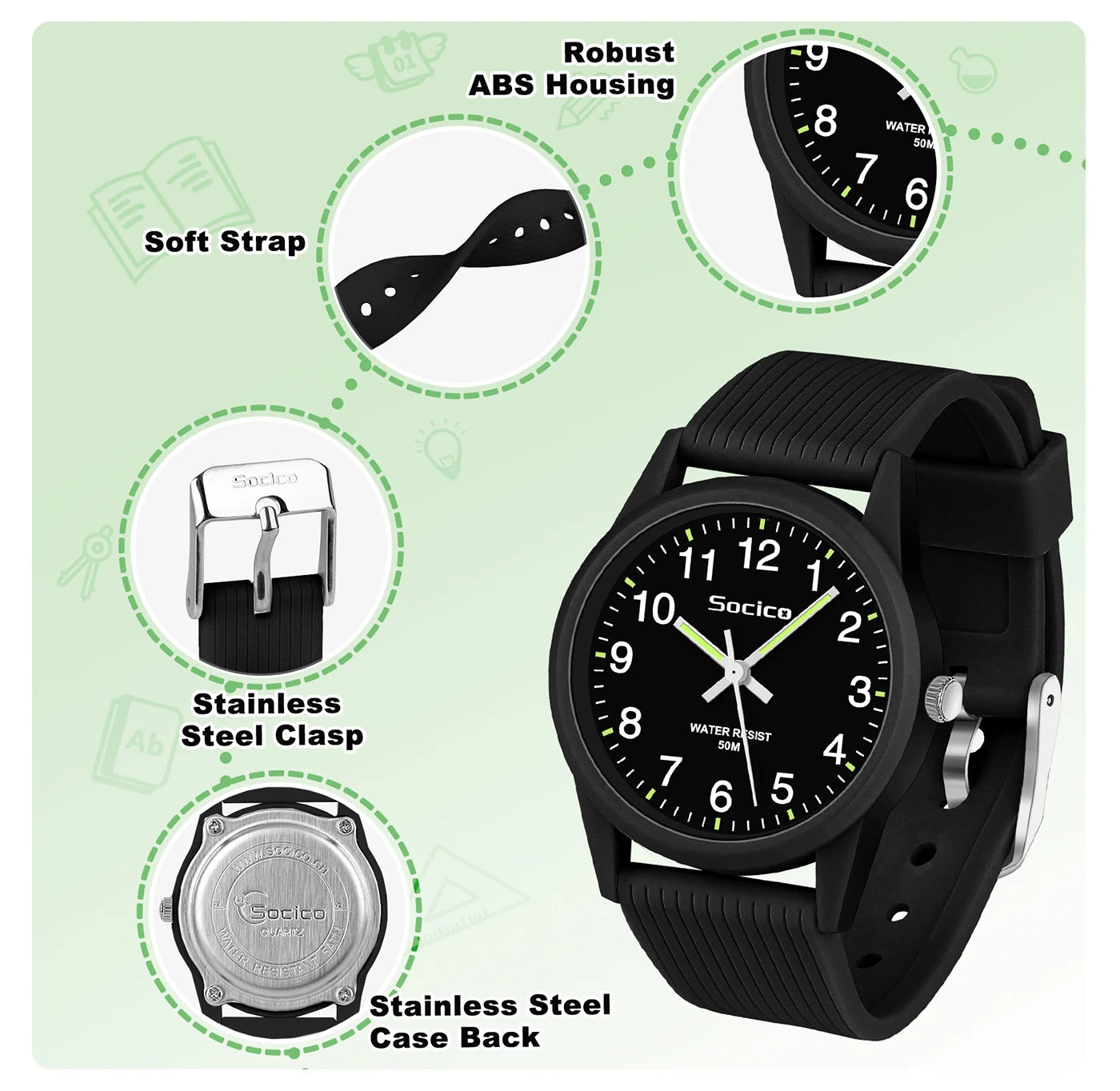 SOCICO Kids Analog Watches for Girls Boys Watches with Soft Band Learning Time 50M Waterproof Children Watch for Gift Ages 4-12