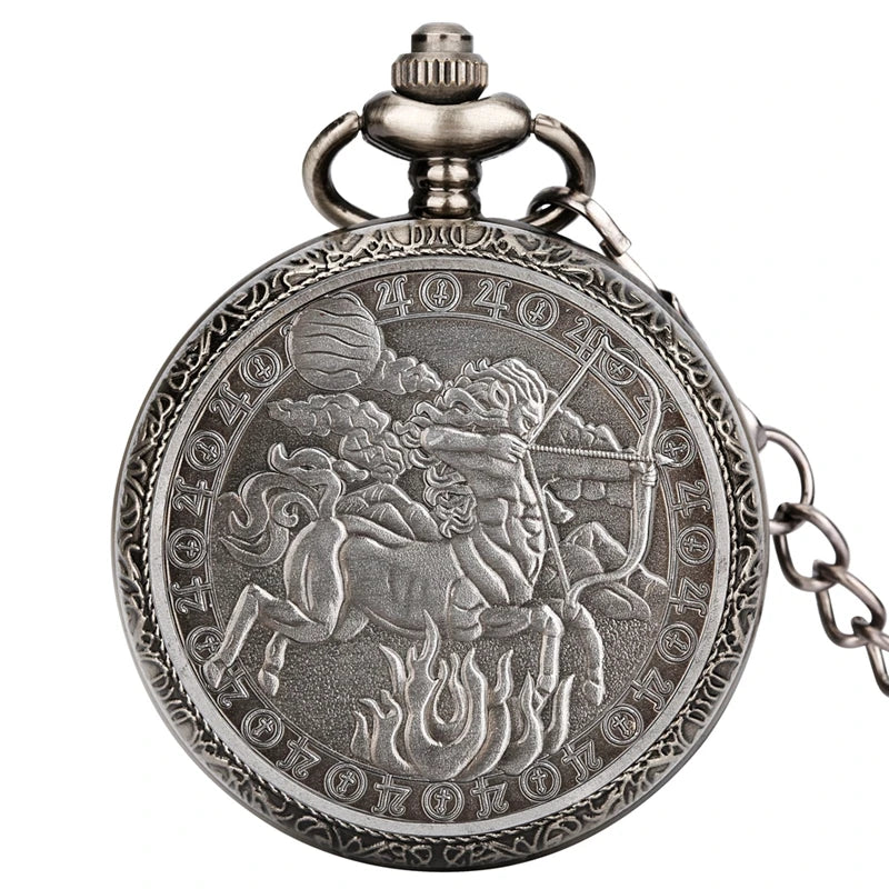 Retro Gray 12 Constellations Astrology Pattern Quartz Pocket Watch Necklace Chain Birthday Gifts Pendant Watch for Friend Unisex