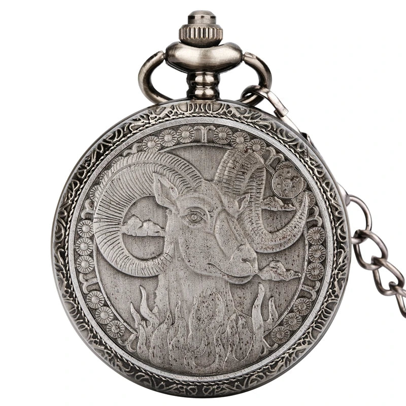 Retro Gray 12 Constellations Astrology Pattern Quartz Pocket Watch Necklace Chain Birthday Gifts Pendant Watch for Friend Unisex