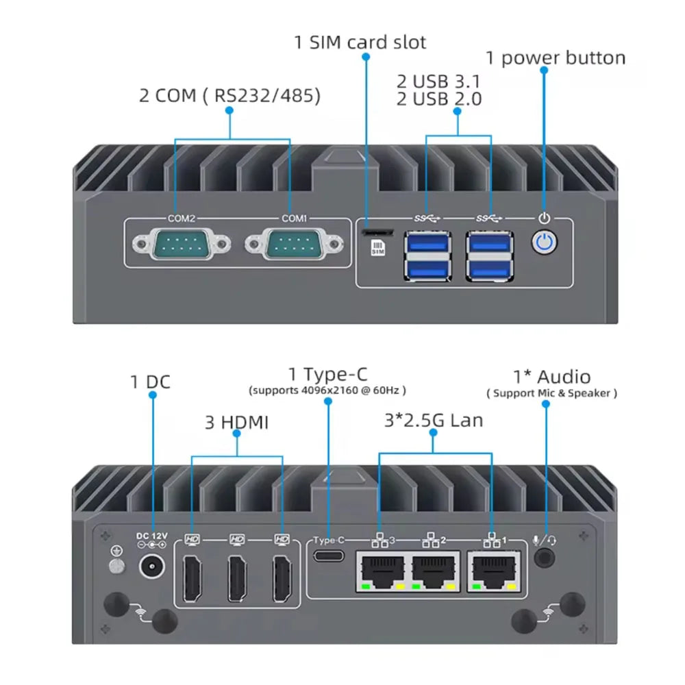 Partaker Industrial PC 14th Gen Ultra 5 125U Ultra 7 155U Win11 Pro 4K 3 x HD 3 x LAN Type-C Digital Signage Fanless AI Mini PC