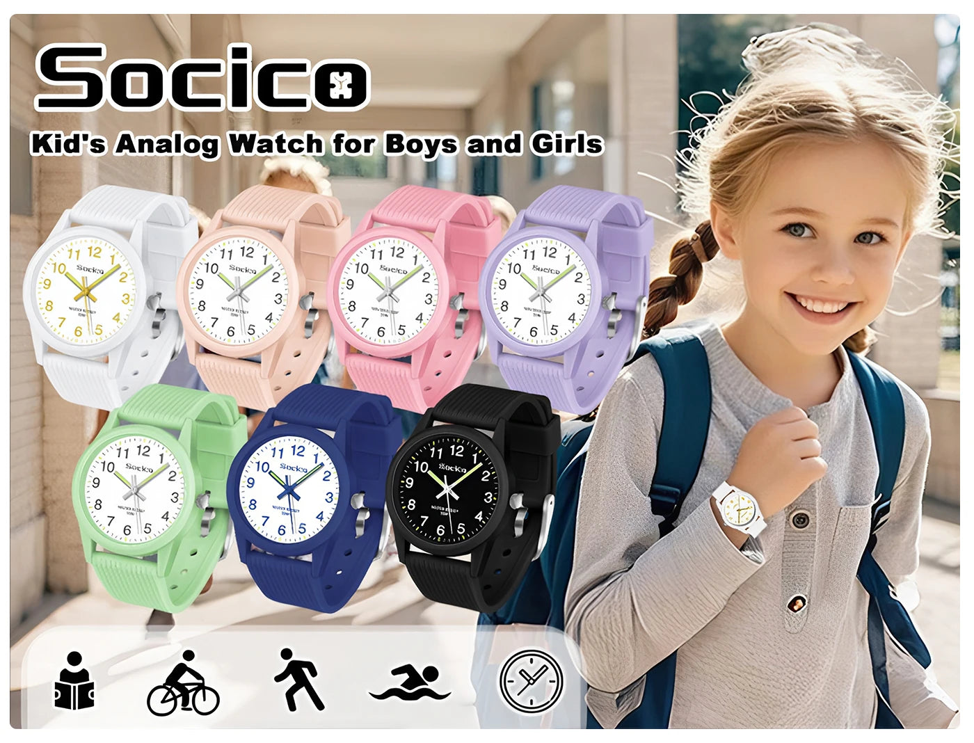 SOCICO Kids Analog Watches for Girls Boys Watches with Soft Band Learning Time 50M Waterproof Children Watch for Gift Ages 4-12