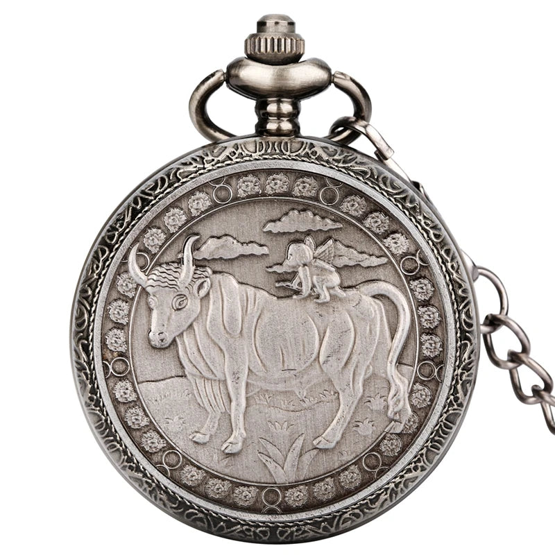 Retro Gray 12 Constellations Astrology Pattern Quartz Pocket Watch Necklace Chain Birthday Gifts Pendant Watch for Friend Unisex