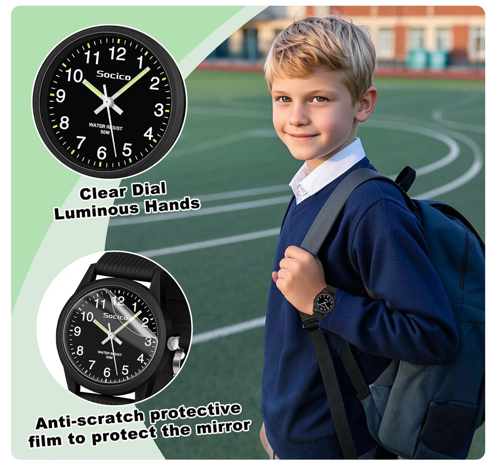 SOCICO Kids Analog Watches for Girls Boys Watches with Soft Band Learning Time 50M Waterproof Children Watch for Gift Ages 4-12