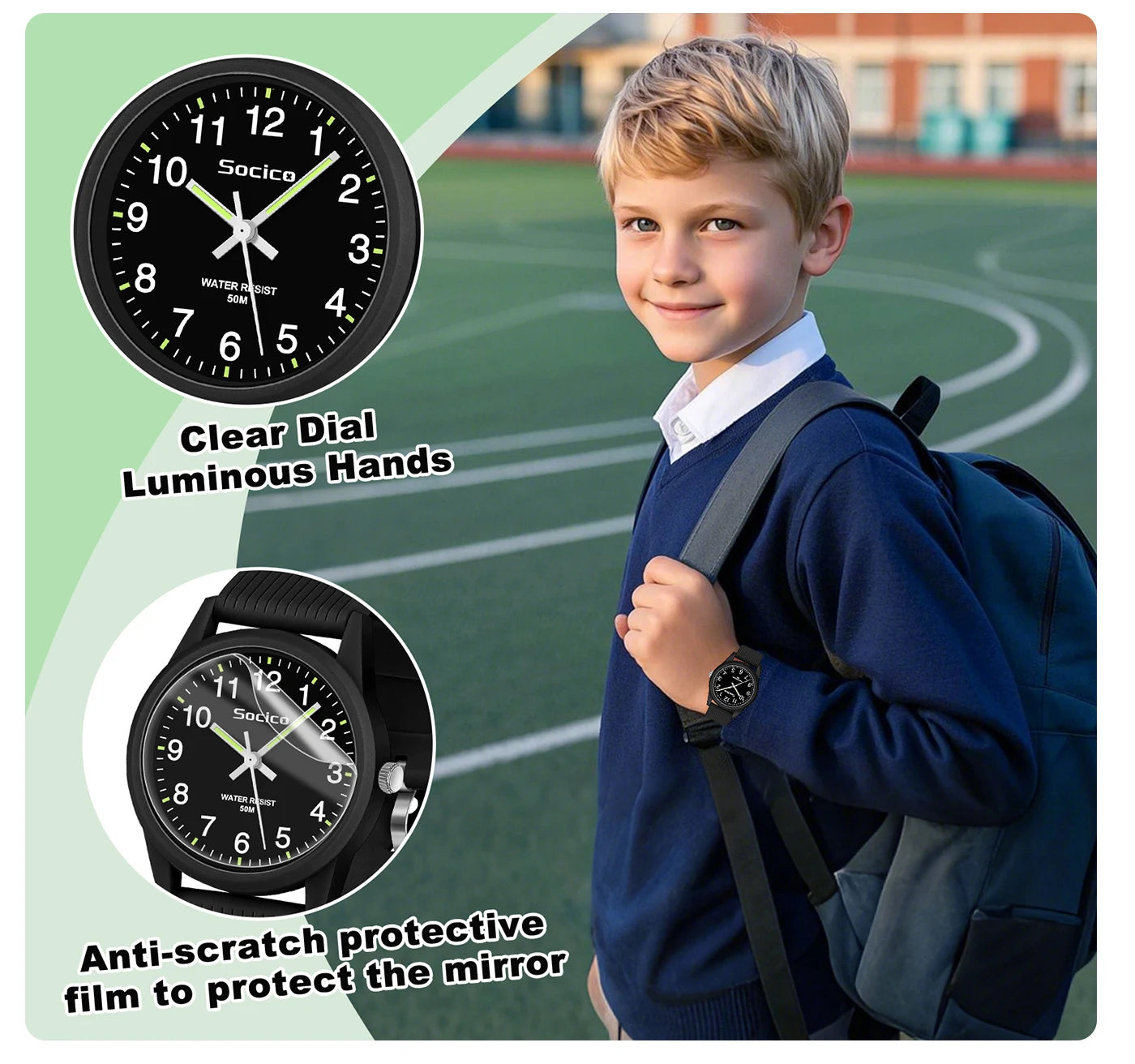 SOCICO Kids Analog Watches for Girls Boys Watches with Soft Band Learning Time 50M Waterproof Children Watch for Gift Ages 4-12