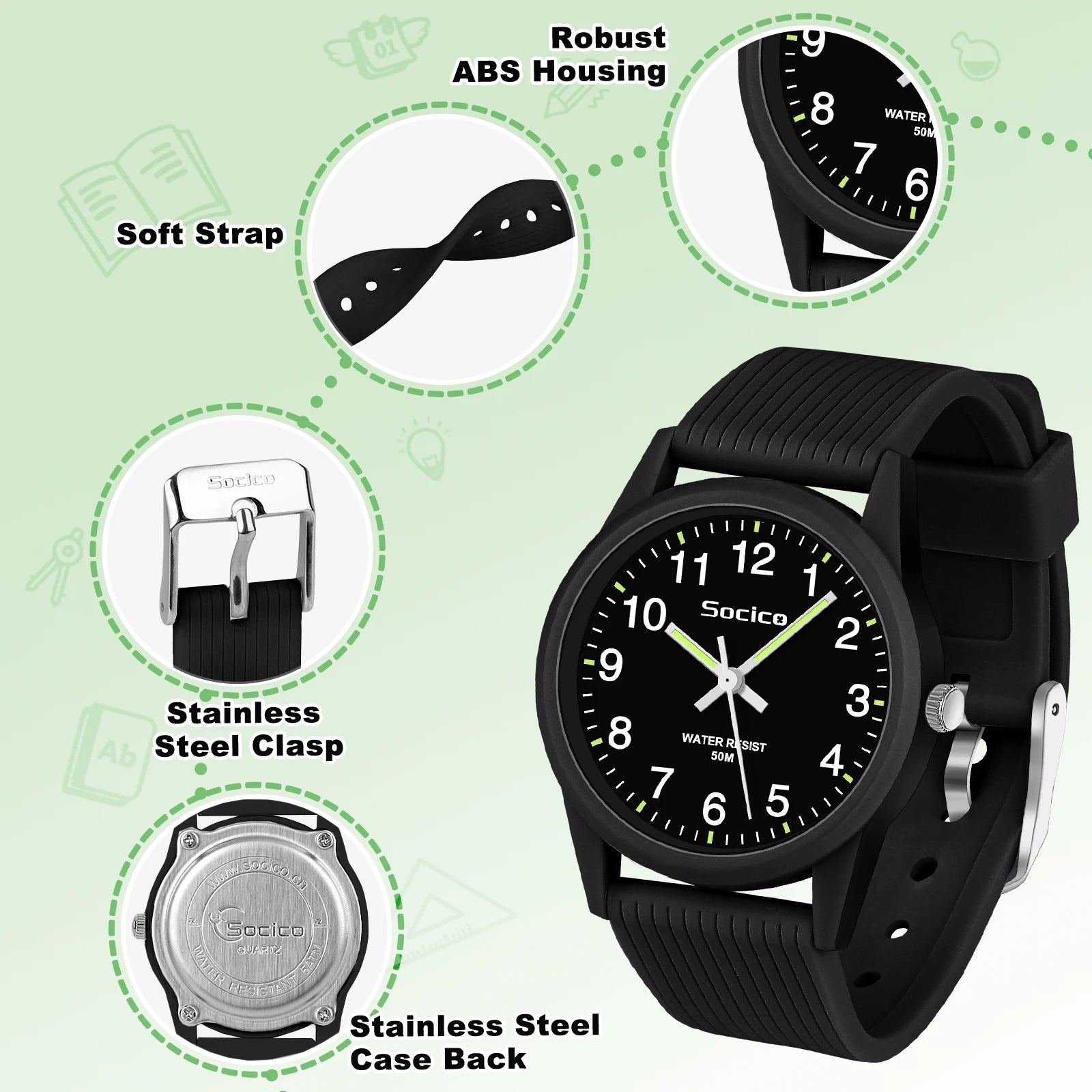 SOCICO Kids Analog Watches for Girls Boys Watches with Soft Band Learning Time 50M Waterproof Children Watch for Gift Ages 4-12