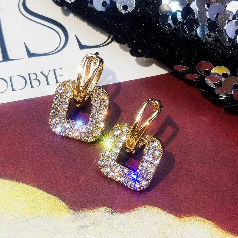 S925 Silver Needle Super Flash Fashion Ear Buckle Temperament Wild Net Red Earrings Geometric Square Rhinestone Earrings Jewelry