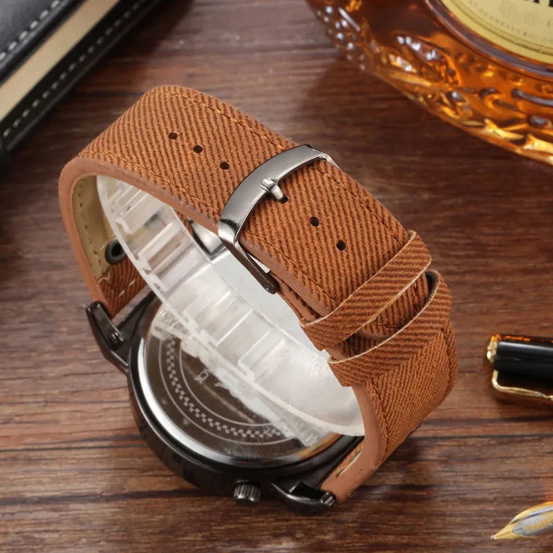 Fashion Cowboy Blue Denim Watches Men Sports Watches 2 Time Zone Leather Strap Quartz Wristwatches Man Watch Relogio Masculino