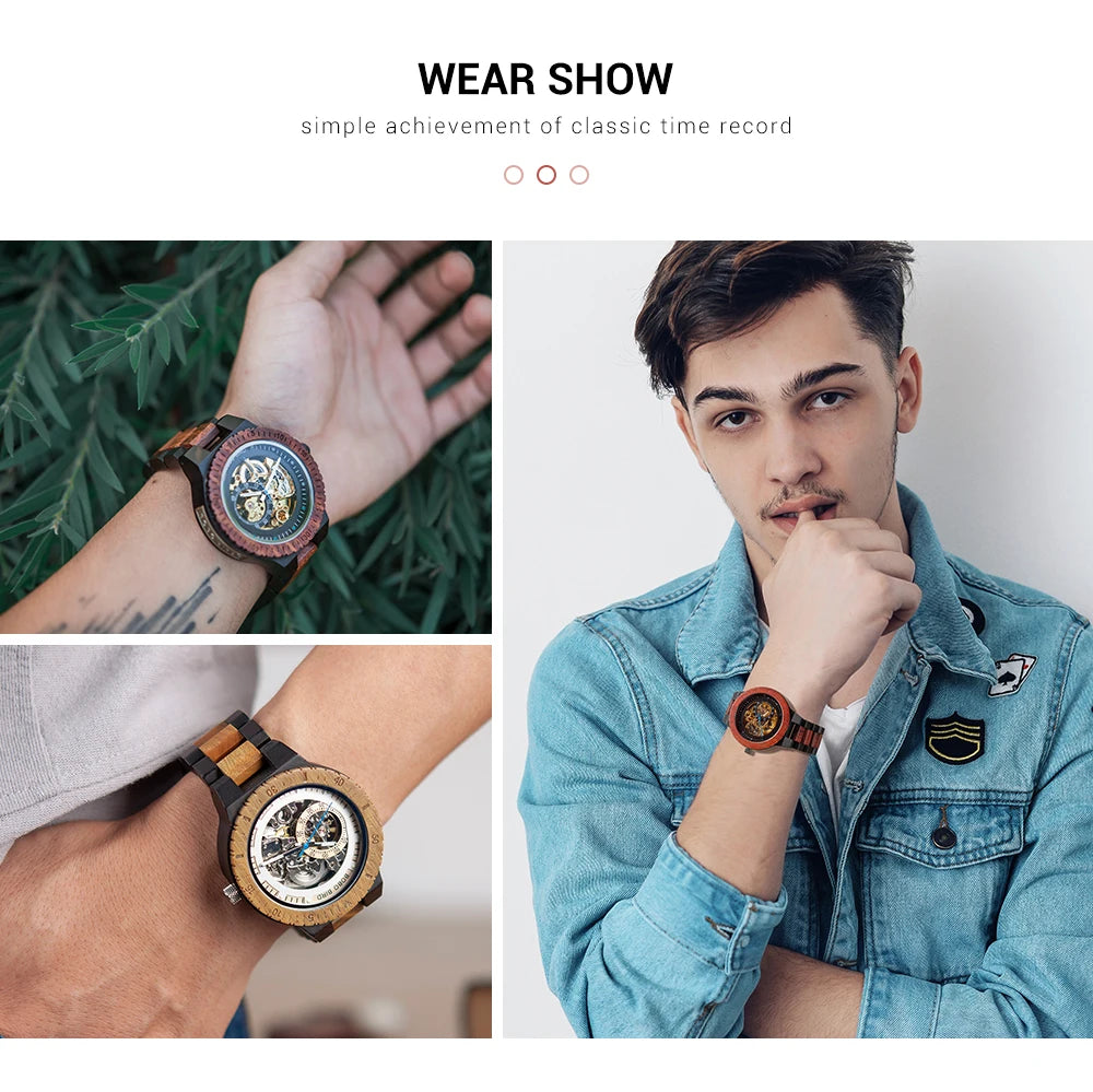 BOBO BIRD Hollow Sandalwood Men's Automatic Mechanical Watch Self-wind Wristwatch With Wood Box Dropshipping Personalized