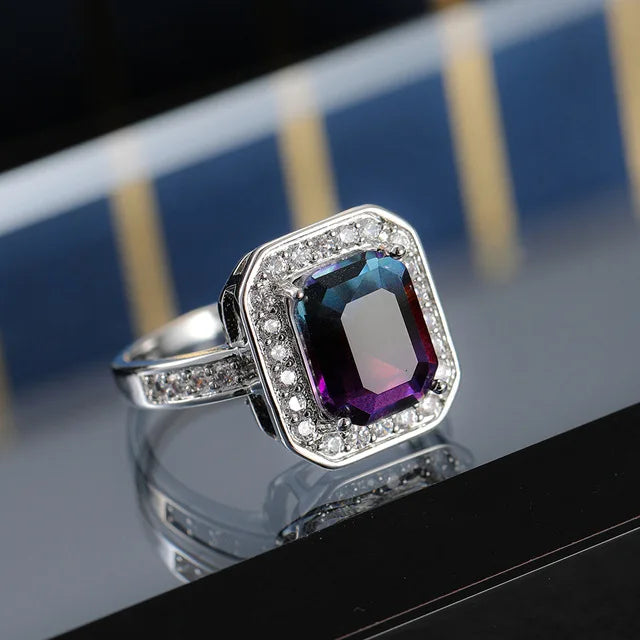 Beautiful Tourmaline Cut Nano Simulated Zultanite Color Change Diaspore Women Wedding Cocktail Ring 925 Sterling Plata