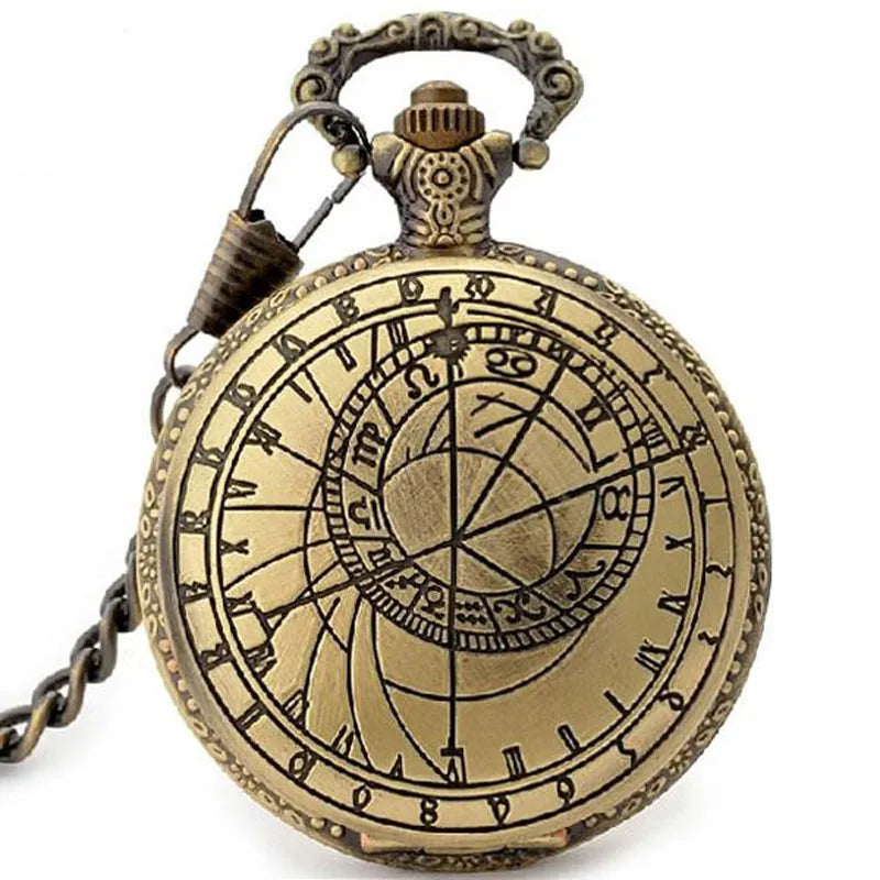 Antique Retro Bronze Compass Prague Astronomical Design Analog Pocket Watch Quartz Necklace Clock Men Women Fob Watches Pendant