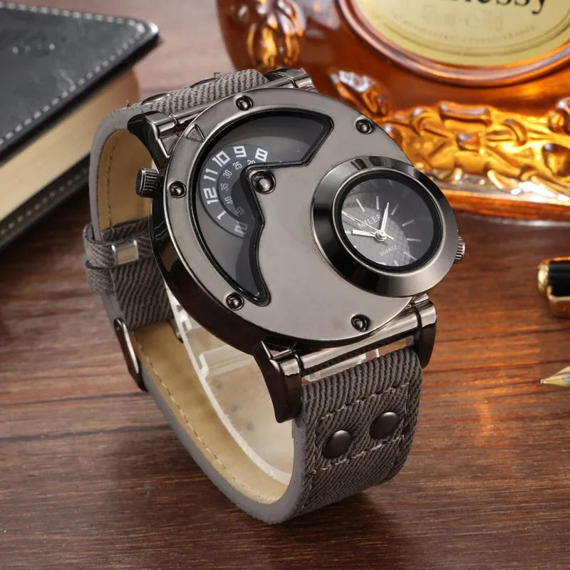 Fashion Cowboy Blue Denim Watches Men Sports Watches 2 Time Zone Leather Strap Quartz Wristwatches Man Watch Relogio Masculino