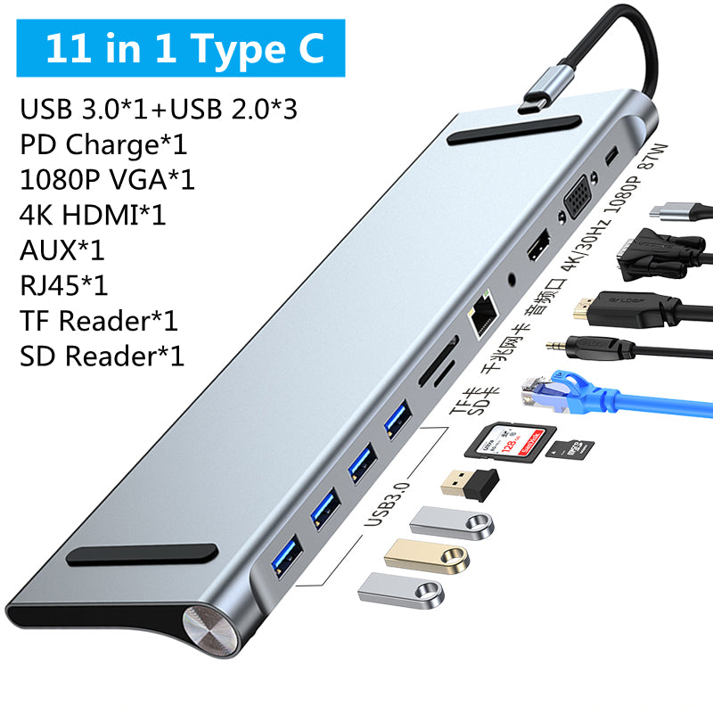 8/11/12-in-1 Type C Dock USB C Hub 3.0 Splitter Multiport Adapter 4K HDMI RJ45 SD/TF VGA HDMI PD for Laptop MacBook iPad xiaomi