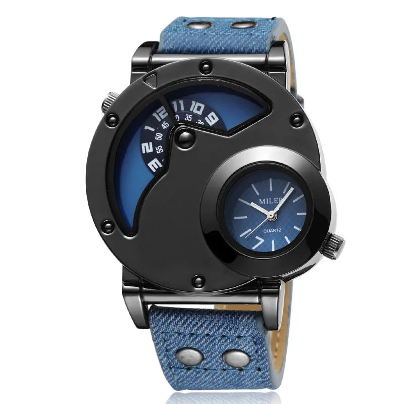 Fashion Cowboy Blue Denim Watches Men Sports Watches 2 Time Zone Leather Strap Quartz Wristwatches Man Watch Relogio Masculino