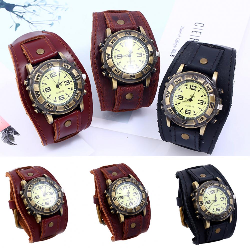Dropshipping Vintage Women Men Punk Faux Leather Round Dial Quartz Bracelet Wrist Watches