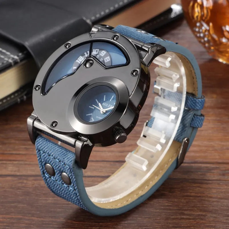 Fashion Cowboy Blue Denim Watches Men Sports Watches 2 Time Zone Leather Strap Quartz Wristwatches Man Watch Relogio Masculino