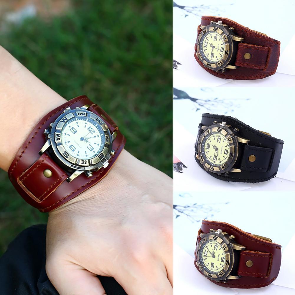Dropshipping Vintage Women Men Punk Faux Leather Round Dial Quartz Bracelet Wrist Watches