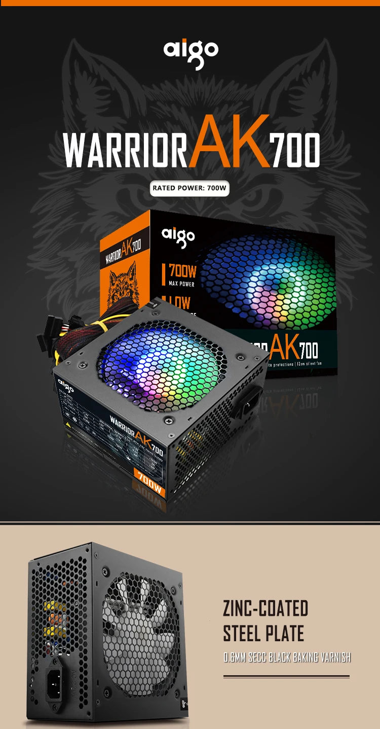 Aigo AK 500W 600W 700W PC PSU Power Supply Unit Gaming Quiet 120mm RGB Fan 220V ATX Desktop computer Power Supply for 7800x3d
