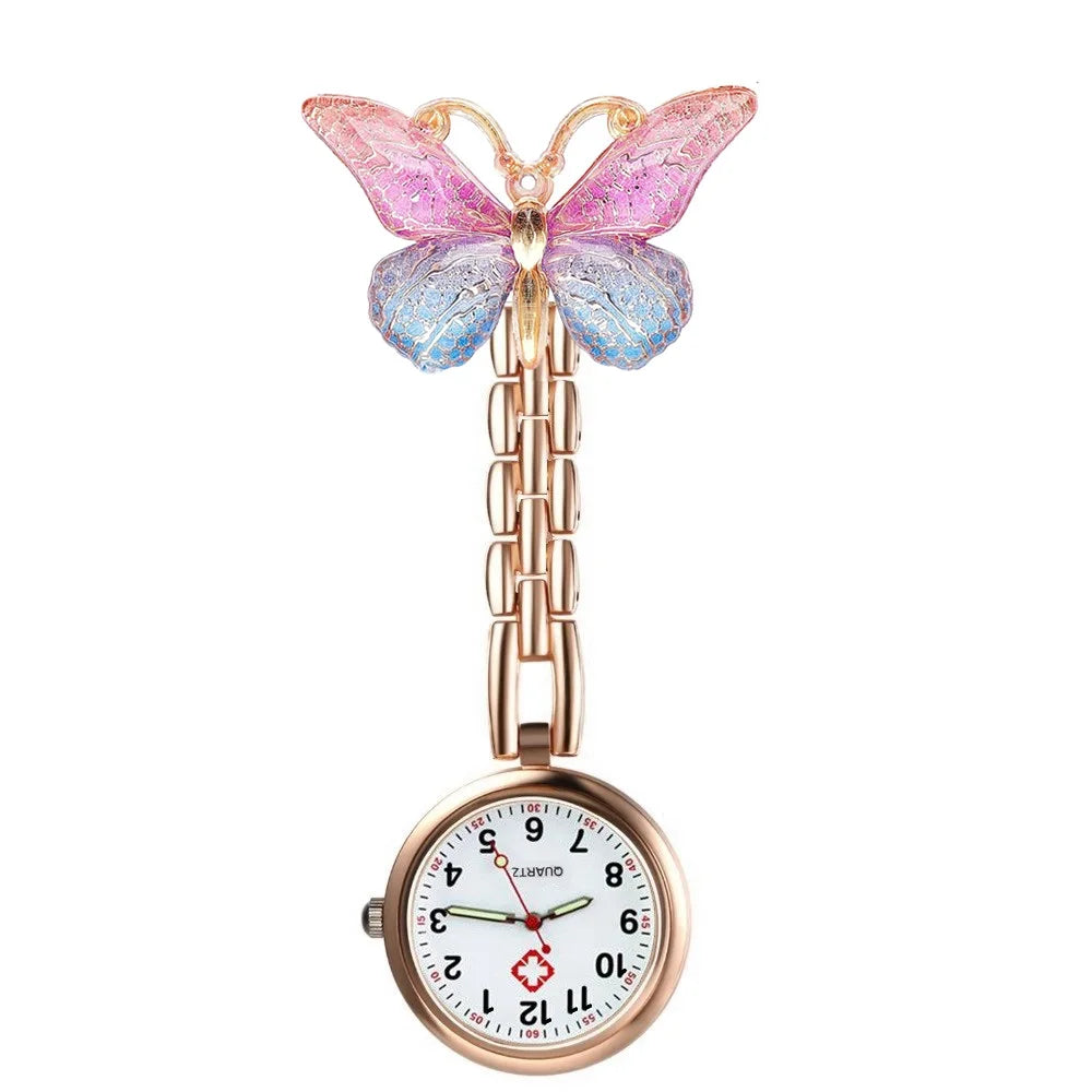 Colourful Resin Butterfly Rose Gold Alloy Small Pins Pocket Watches Nurse Doctor Hospital Medial Transparent Gift Watches Clock