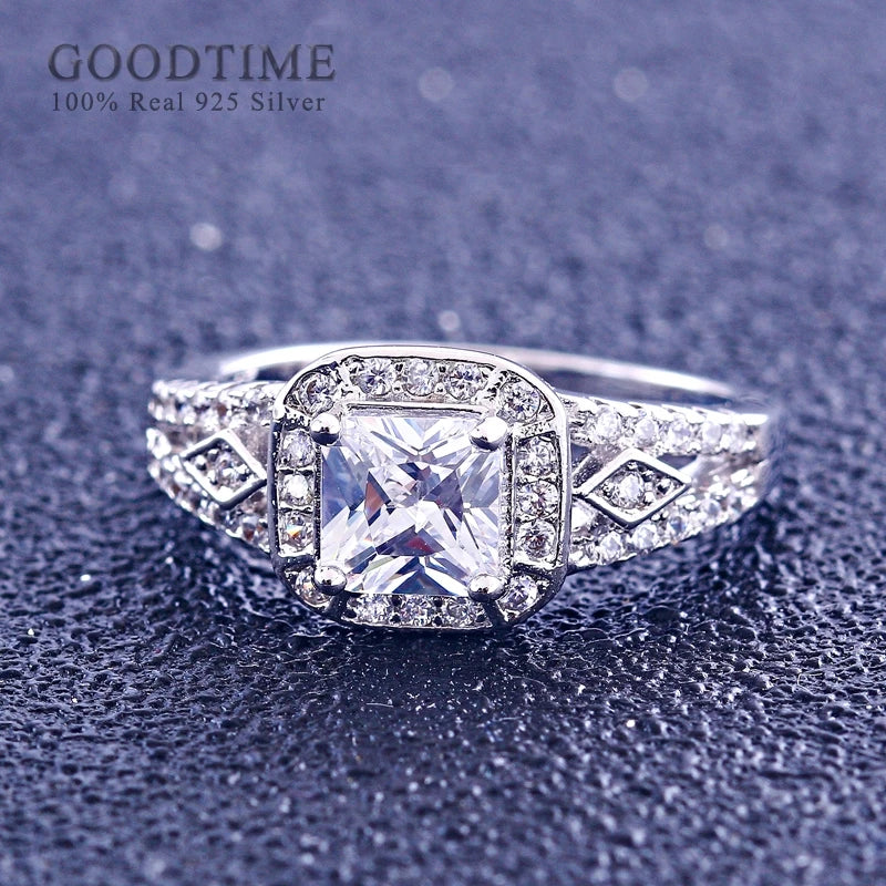 Luxury Women Ring Pure 925 Sterling Silver Ring Square Zircon Rhinestone Bride Wedding Jewelry Gift Accessories For Party