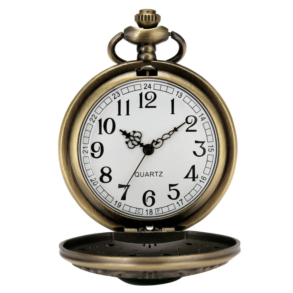 Exquisite Emerald-green Stone Bronze Case Quartz Pocket Watch Simple White Dial Chain Clock Necklace Pendant Watch for Men Women