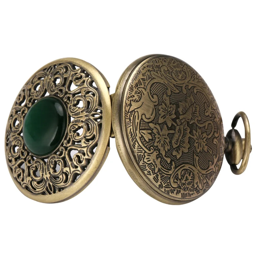Exquisite Emerald-green Stone Bronze Case Quartz Pocket Watch Simple White Dial Chain Clock Necklace Pendant Watch for Men Women