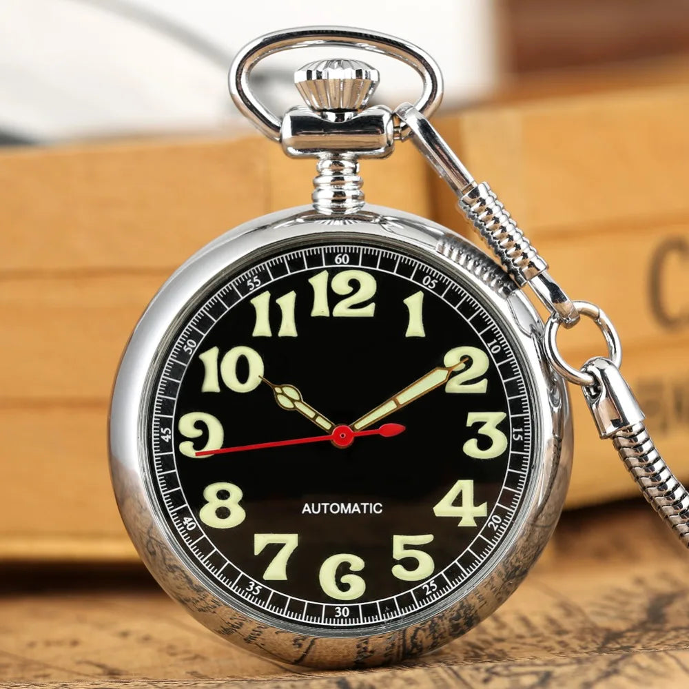 Luminous Numbers Dial Mechanical Automatic Pocket Watch Self Winding Pocket Snake Chain Luxury FOB Watch Noctilucent Fluorescent