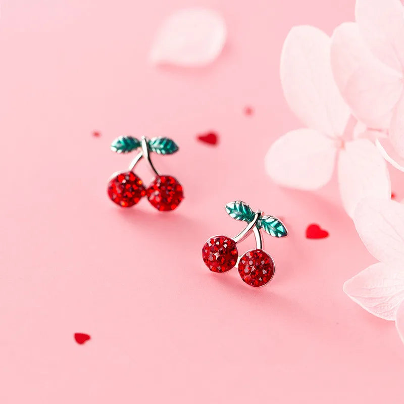 WANTME Fashion Romantic Sweet Red Zircon Cherry Fruit Studs Earrings Genuine 100% 925 Sterling Silver Girls Accessory Jewelry