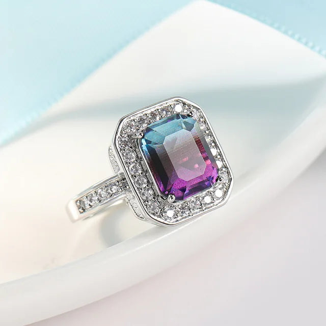 Beautiful Tourmaline Cut Nano Simulated Zultanite Color Change Diaspore Women Wedding Cocktail Ring 925 Sterling Plata