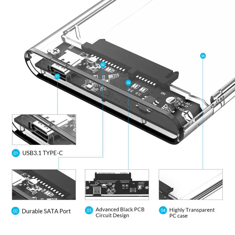 ORICO 2.5'' Transparent HDD Case SATA to USB 3.1 Gen2 10Gbps External Hard Drive Case HDD Enclosure SSD Disk Case Support UASP