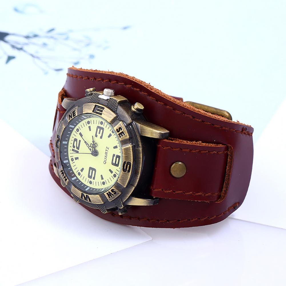 Dropshipping Vintage Women Men Punk Faux Leather Round Dial Quartz Bracelet Wrist Watches