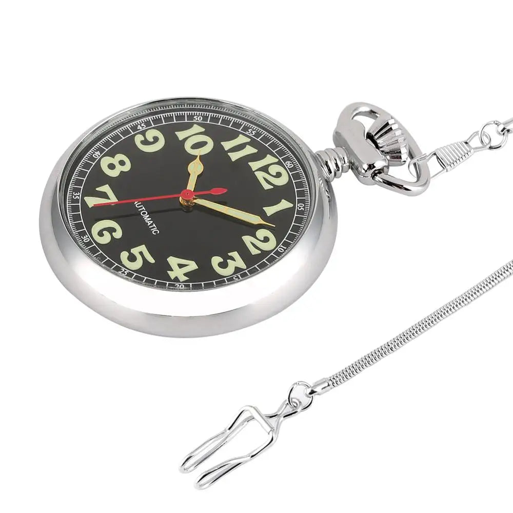 Luminous Numbers Dial Mechanical Automatic Pocket Watch Self Winding Pocket Snake Chain Luxury FOB Watch Noctilucent Fluorescent