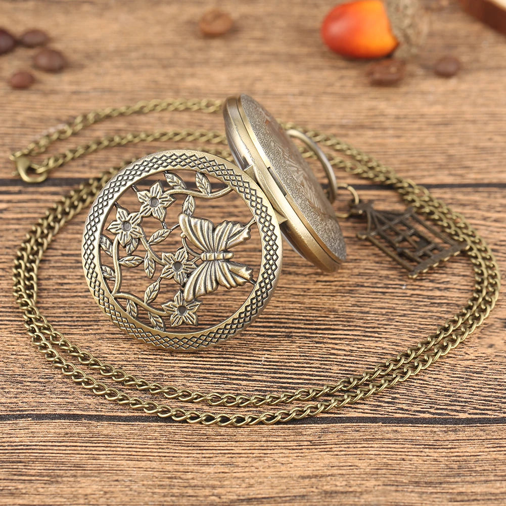 Bronze Butterfly and Flower Retro Style Necklace Pocket Watch Chain Steampunk Pendant Quartz Fob Watch Clock with Accessory 2020