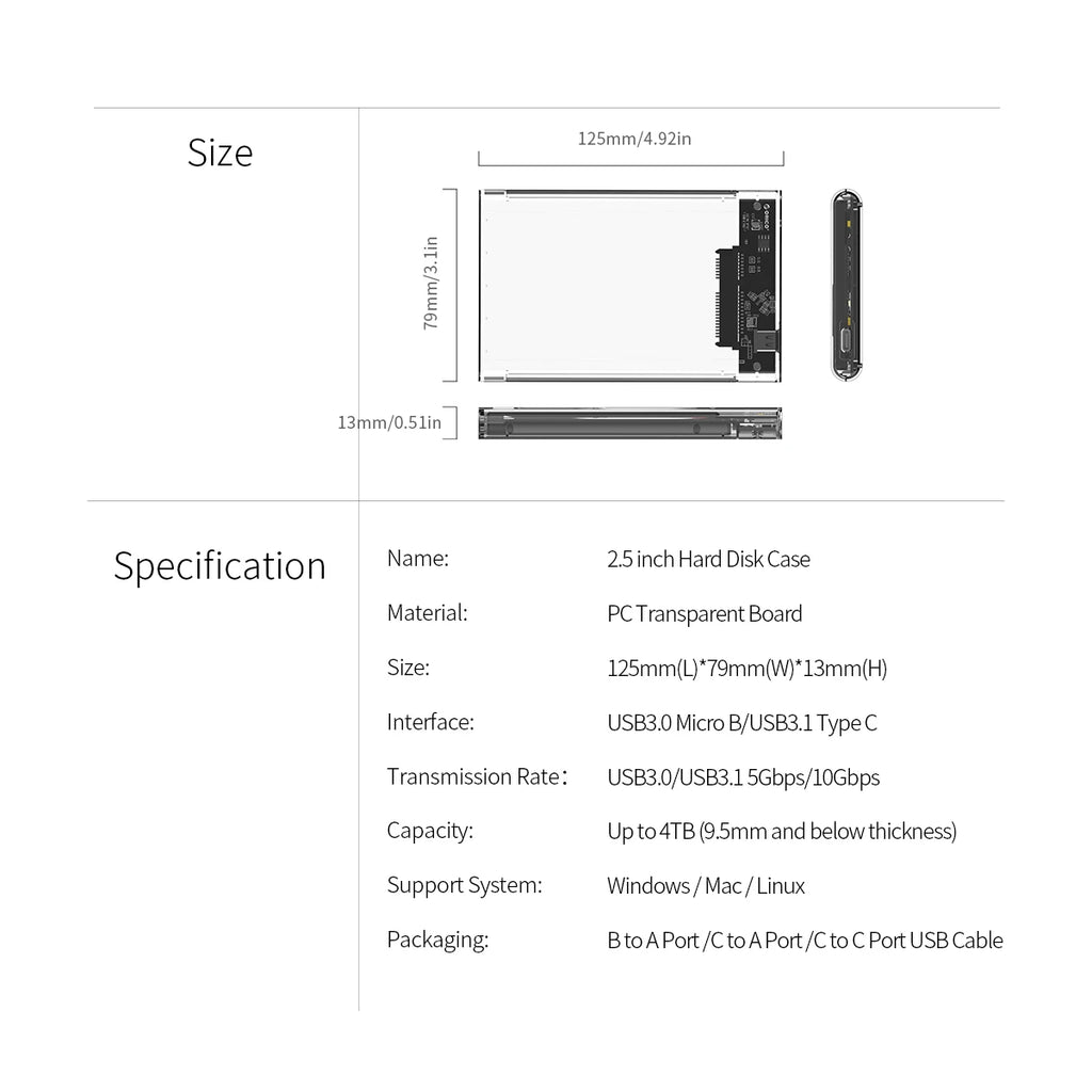 ORICO 2.5'' Transparent HDD Case SATA to USB 3.1 Gen2 10Gbps External Hard Drive Case HDD Enclosure SSD Disk Case Support UASP