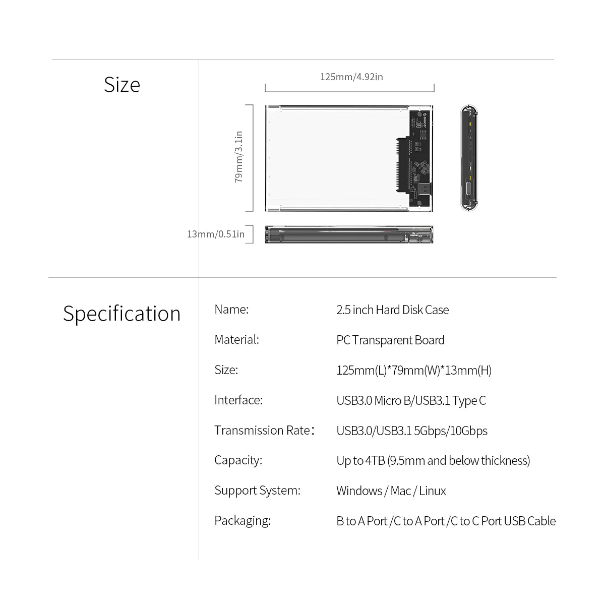 ORICO 2.5'' Transparent HDD Case SATA to USB 3.1 Gen2 10Gbps External Hard Drive Case HDD Enclosure SSD Disk Case Support UASP