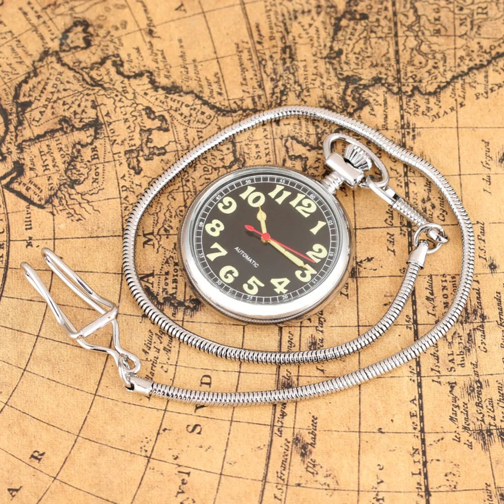Luminous Numbers Dial Mechanical Automatic Pocket Watch Self Winding Pocket Snake Chain Luxury FOB Watch Noctilucent Fluorescent