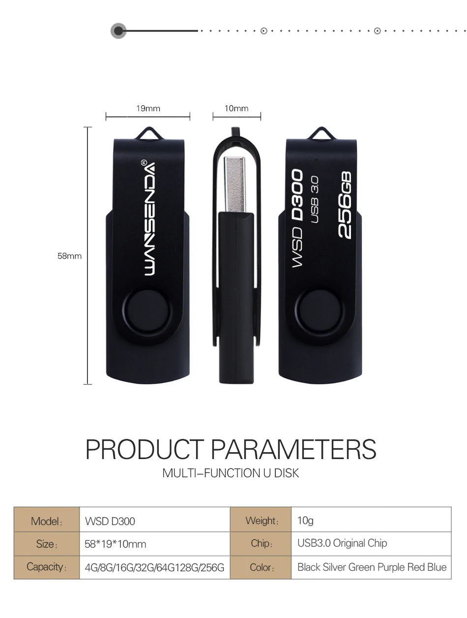 WANSENDA USB Flash Drive 3.0 Pen Drive 256GB 128GB 64GB 32GB 16GB 8GB 4GB Rotating Design Memory Stick Pendrive Cle USB Stick