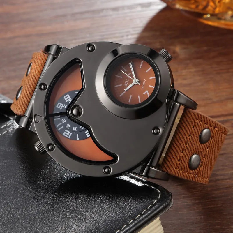 Fashion Cowboy Blue Denim Watches Men Sports Watches 2 Time Zone Leather Strap Quartz Wristwatches Man Watch Relogio Masculino