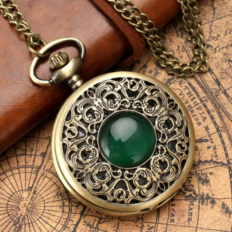 Exquisite Emerald-green Stone Bronze Case Quartz Pocket Watch Simple White Dial Chain Clock Necklace Pendant Watch for Men Women